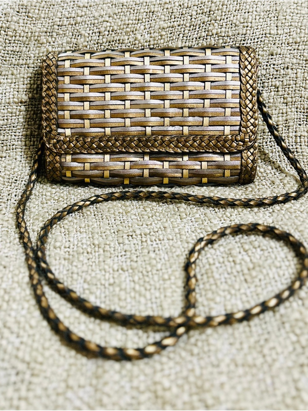 CEM woven metallic crossbody with  tri-color leather basketweave design